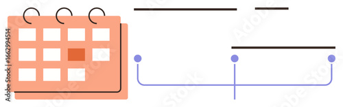 Calendar grid with highlighted day alongside simple timeline structure showing relationships between events. Ideal for planning, scheduling, management, coordination, organization, strategy