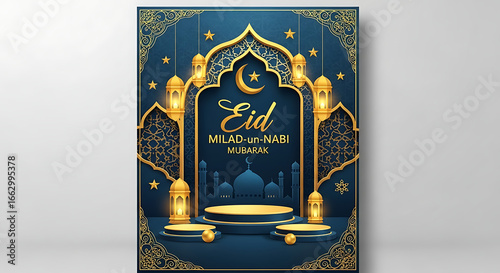 Eid miladunnabi poster with golden arch and lantern design isolated on white background