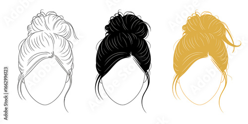 Messy Bun Hairstyle Collection Vector Art Line and Golden Hair Illustration Stylish Hairdo Options Isolated on White Background