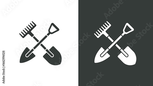 Agricultural Tools Crossed Vector Graphic Design Minimalist Style Symbolizing Gardening and Farming with Black and White Variations