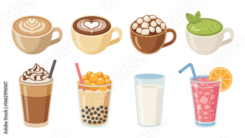 Wallpaper Mural Collection of Diverse Drink Illustrations including Coffee Latte Hot Chocolate Matcha Milkshake Boba Tea Juice and a Glass of Milk Torontodigital.ca