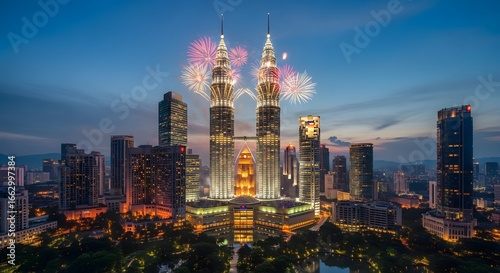 Kuala Lumpur City Skyline with Fireworks and Malaysian Flags