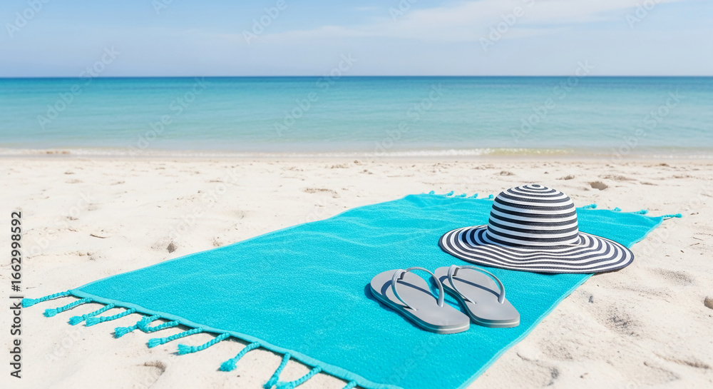 Obraz premium Turquoise beach towel, striped hat, gray flip-flops on sandy beach, ocean background. Summer vacation scene, evokes relaxation and escape