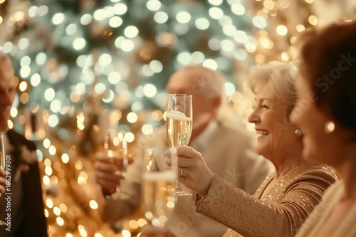 Happy elderly people dancing at a New Year party. Seniors celebrating a holiday together, they raise glasses of champagne.