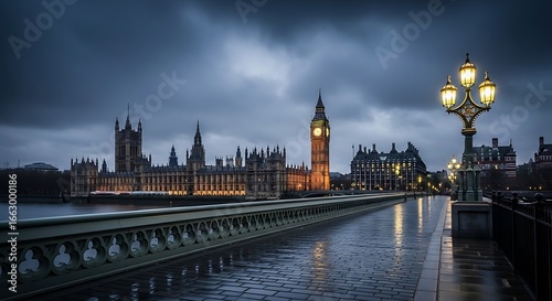 Iconic houses of parliament and big ben illuminated at dusk on a rainy evening, a famous london landmark