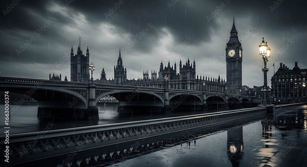 Naklejka premium Iconic big ben and houses of parliament in london at dusk, with dramatic stormy skies and reflections on the river thames