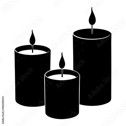 three candles on black background