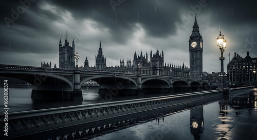 Iconic big ben and houses of parliament in london at dusk, with dramatic stormy skies and reflections on the river thames
