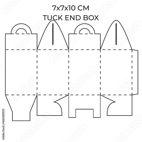 Die-cut template for a 7x7x10 cm tuck end box with handle.