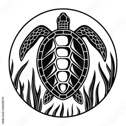 Stylized sea turtle emblem in circle with ocean waves emblematic nautical animal design 