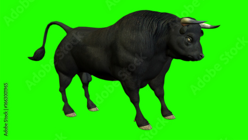 A powerful black bull stands majestically against a vibrant green screen.