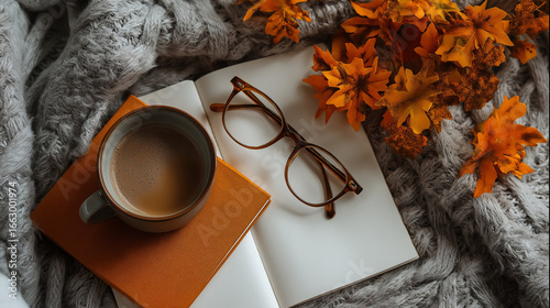 Autumn flatlay with orange leaves, notebook, coffee, and glasses arranged aesthetically, creating warm cozy seasonal scene with soft textures.