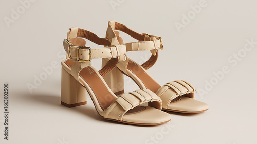 Beige women’s sandals on a light beige background, showcasing minimalist design, elegant straps, comfortable fit, and neutral summer aesthetic.