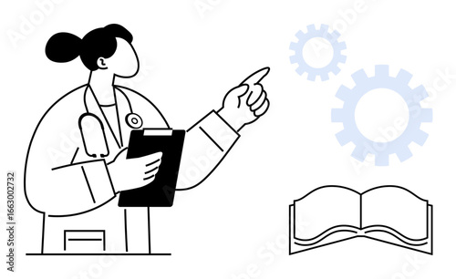 Female doctor holds clipboard while pointing at gear wheels, representing education, innovation, and teamwork. Open book symbolizes learning. Ideal for healthcare, science, research, innovation