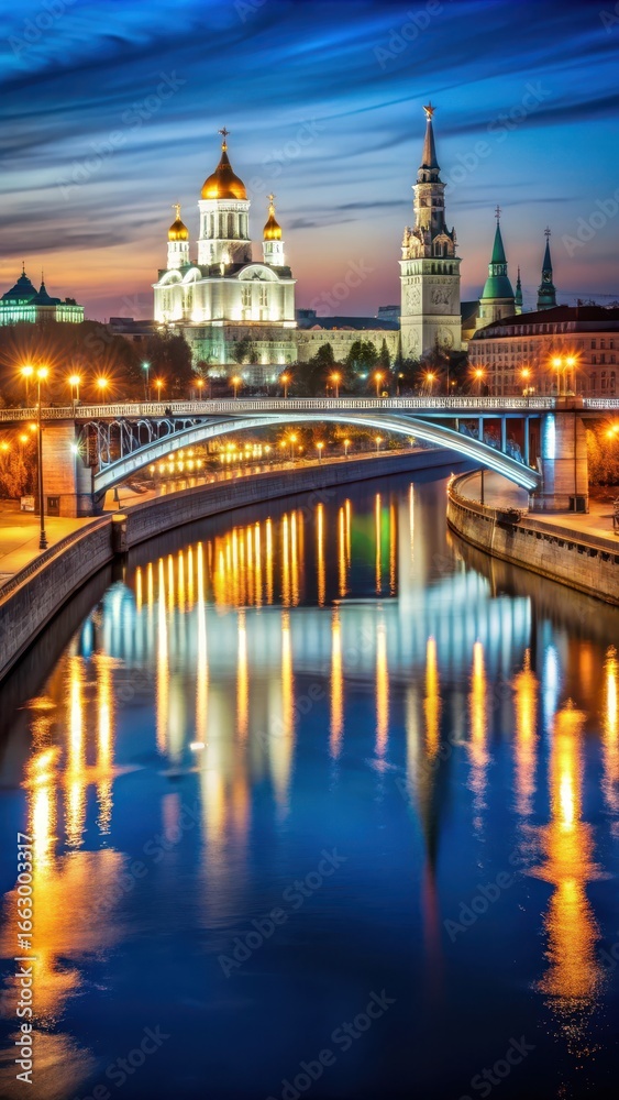 Fototapeta premium View of the Moskva River and Stary Oskol Street Bridge as it is lit up for night time illumination