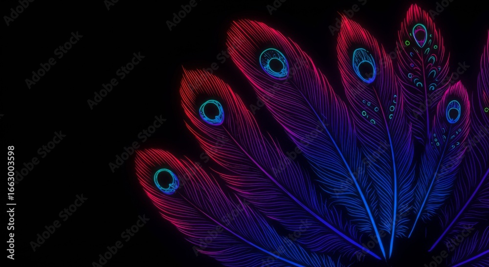 Fototapeta premium Abstract Peacock Feathers with Iridescent Glowing Hues on Black Background
