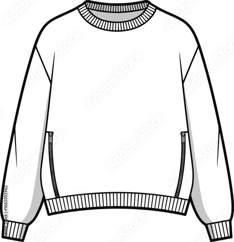 Essential fashion design template, sweatshirt CAD drawing, flat vector illustration, technical garment sketch, apparel mockup, clothing blueprint, Adobe Stock image