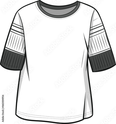 Modern short sleeve t-shirt design, stylish apparel illustration, trendy fashion vector, detailed clothing sketch, unique sleeve pattern, casual wear concept