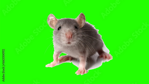 A curious gray rat sits against a vibrant green background.
