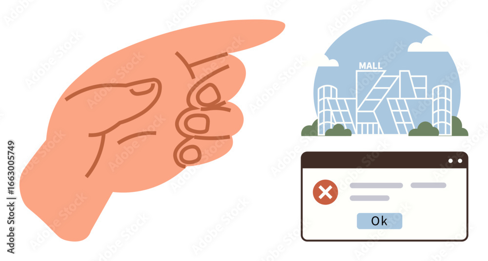 Hand pointing, modern mall facade, computer error message, elements combined symbolizing navigation, decision-making, digital errors. Ideal for guidance, technology, frustration consumerism Hand pointing, modern mall facade, computer error message, elements combined symbolizing navigation, decision-making, digital errors. Ideal for guidance, technology, frustration consumerism