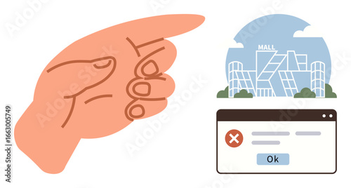 Hand pointing, modern mall facade, computer error message, elements combined symbolizing navigation, decision-making, digital errors. Ideal for guidance, technology, frustration consumerism