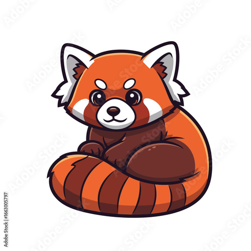 A cartoon red panda with a striped tail is sitting and looking forward.