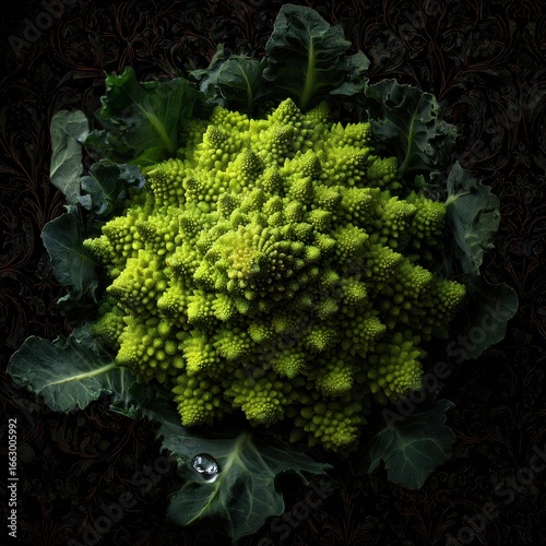 Fractal patterns in green Romanesco broccoli against a dark, patterned background