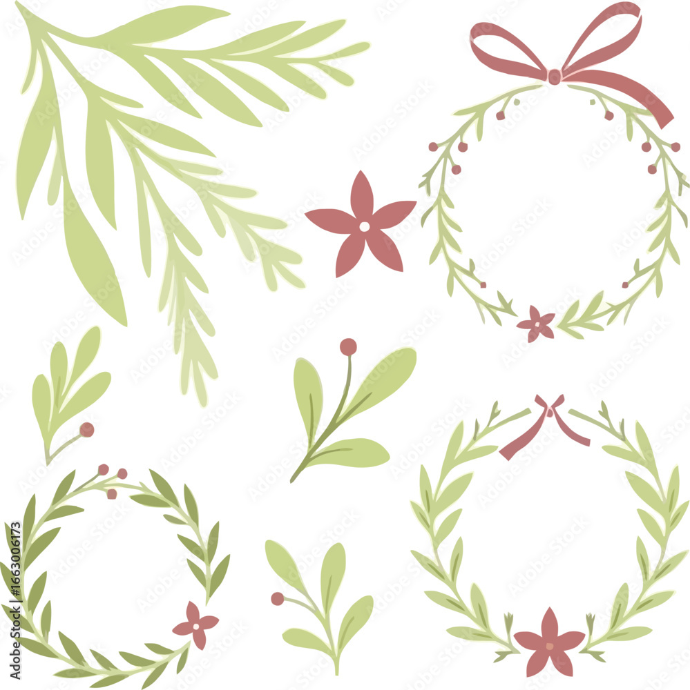 Fototapeta premium Elegant Botanical Illustration with Wreaths Flowers and Greenery on White