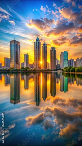 Towering skyscrapers reflected in the calm waters of a serene lake at sunset
