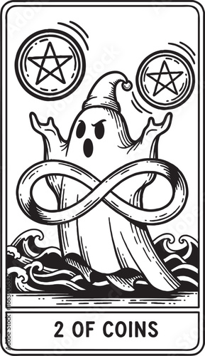 Playful Ghost Juggling Two Coins with Infinity Symbol on 2 of Coins Tarot Card