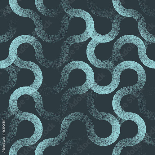 Tangled lines metaball structure seamless pattern grainy textured vector abstract background in cyan hues. Endless halftone illustration retro futuristic abstraction for wallpapers or design backdrops
