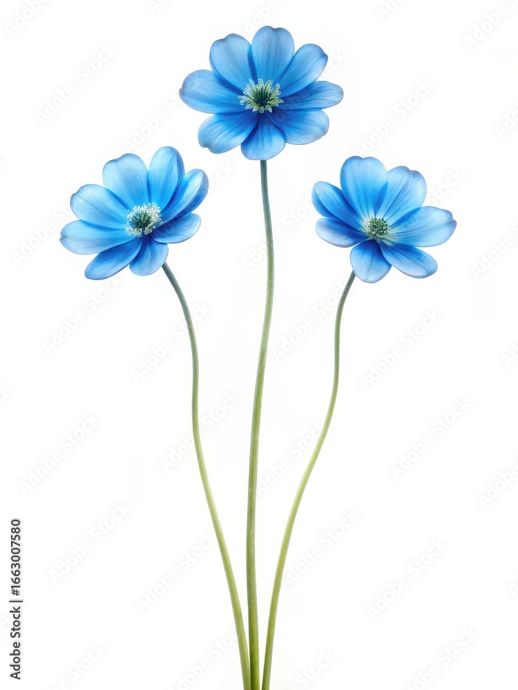 Fototapeta premium three delicate blue flowers with green stems on a white background