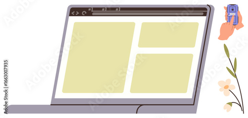 Open laptop displaying webpage layout with grids, hand interacting with card reader device, floral accent. Ideal for web design, online learning, e-commerce, fintech, payment security, creativity