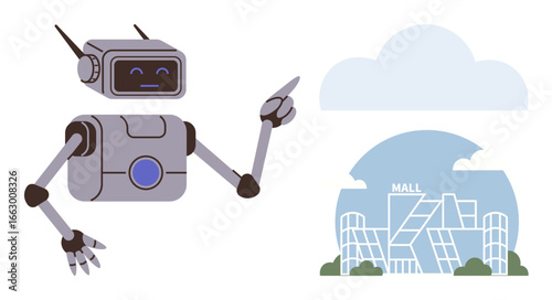 Robot with expressive face gestures towards stylized mall encased in a cloud. Ideal for artificial intelligence, retail future, cloud computing, automation, robotics, innovation, digital