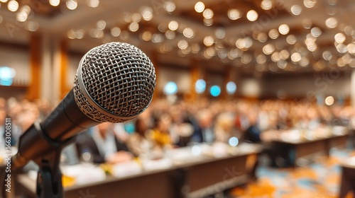 Speech venue microphone, close-up shot, business conference speaking scene