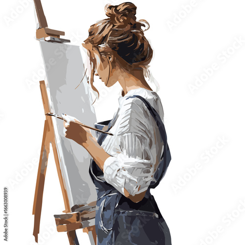 A young woman artist concentrating on her artwork while painting with a brush.