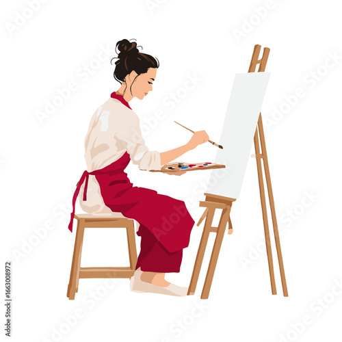 A painter deeply engrossed in her creative process, bringing a blank canvas to life.