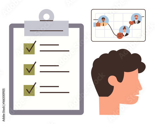 Task checklist clipboard with marked items, team collaboration graph with connections, and profile view of a person. Ideal for workflow, teamwork, project management, planning, research