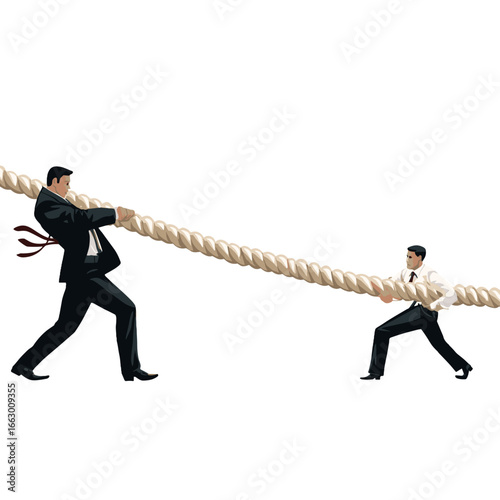 Two businessmen in a tug-of-war, embodying the competitive nature of business.
