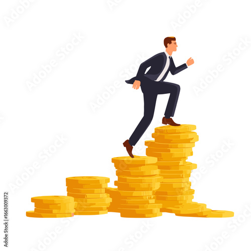 A businessman confidently ascending steps made of gold coins.