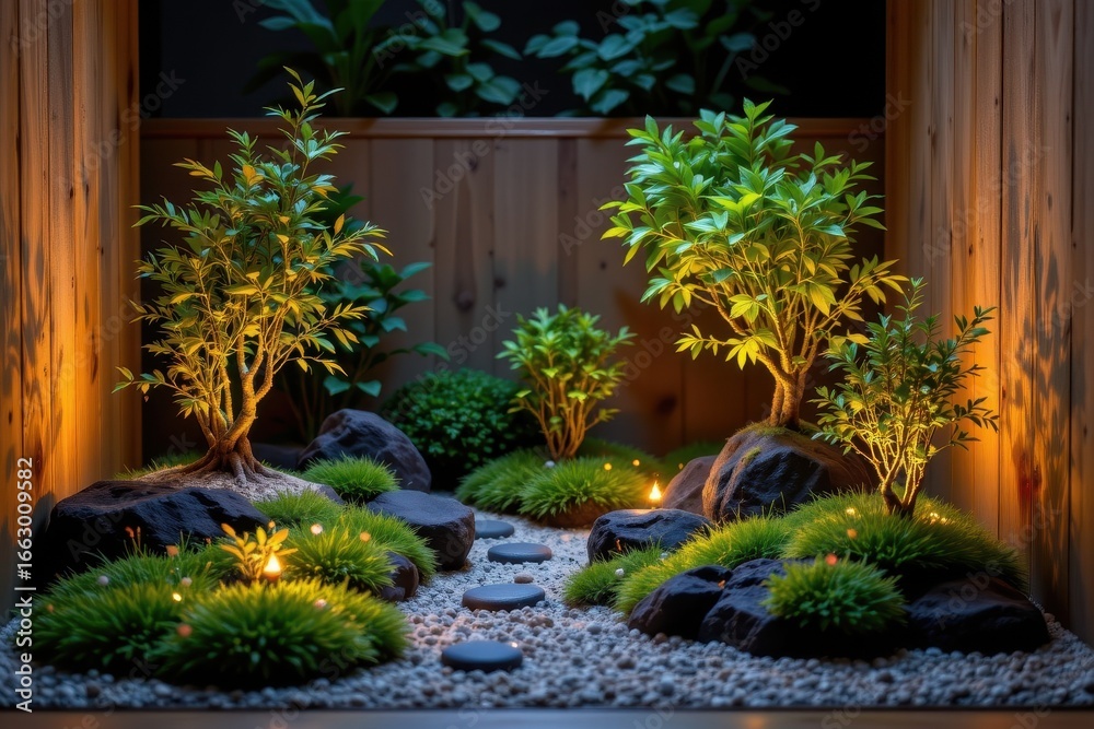 Obraz premium a zen inspired miniature garden with bamboo, moss, and low shrubs softly illuminated with diffused warm lights producing harmonious relaxing night ambiance