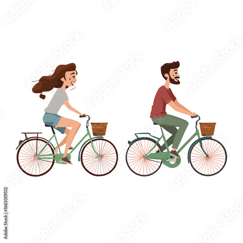 Couple Riding Bicycle with Basket in nature