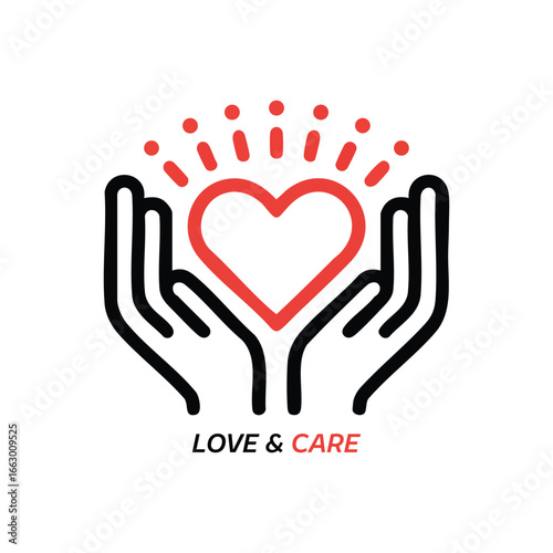 Stylized black and red line art logo of hands cradling a glowing heart love care  charity day vives