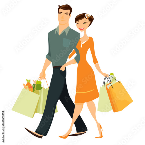 A couple enjoying a delightful shopping spree together, carrying vibrant shopping bags.