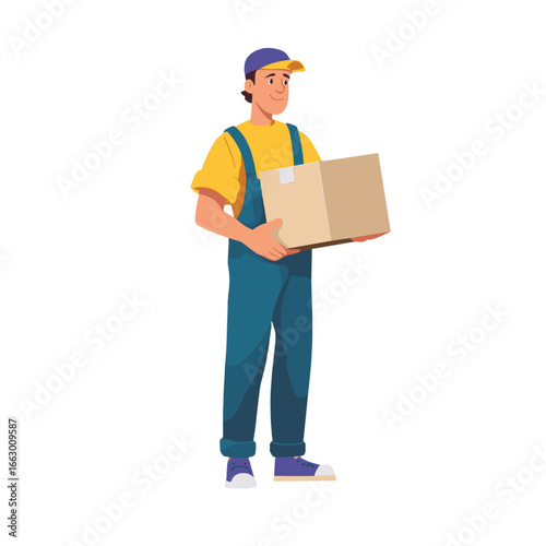 A delivery person holding a package, ready to deliver.