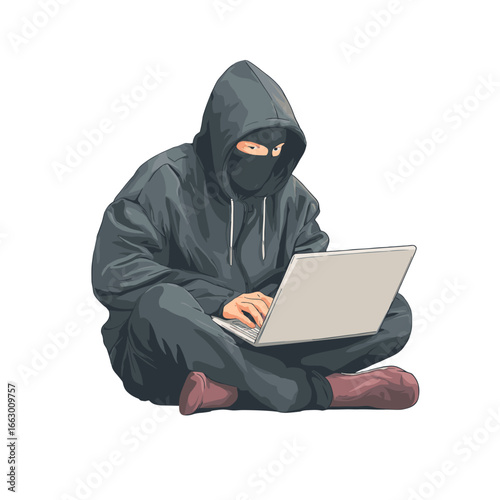 A Hacker using laptop, committing digital crime.