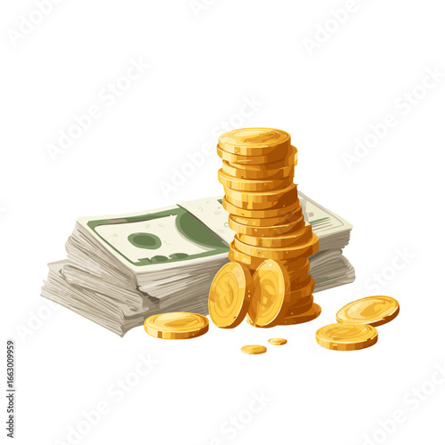 A stack of money and coins representing financial success.