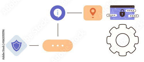 Connectivity between shield, information bubble, location pin, secured wallet, and gear wheel highlights data protection, automation, and flow. Ideal for technology, cybersecurity efficiency