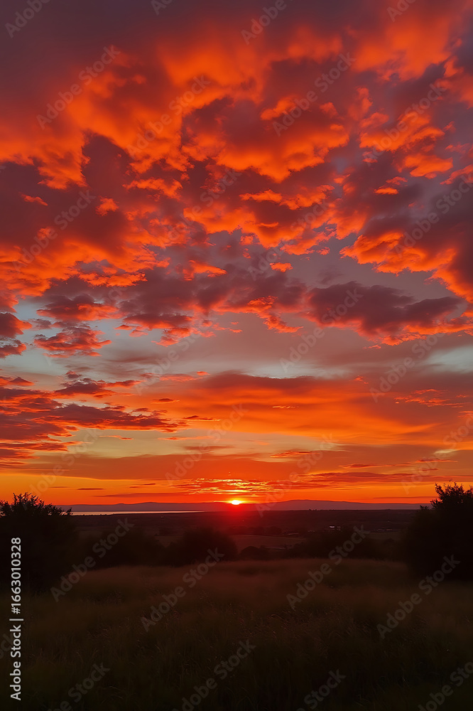 Fototapeta premium Blazing Sunset Over Horizon Fiery Clouds Nature's Canvas Dramatic Sky Evening Glow Tranquil Scene Outdoor Beauty Serene View