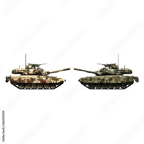 Two camouflage tanks side by side.